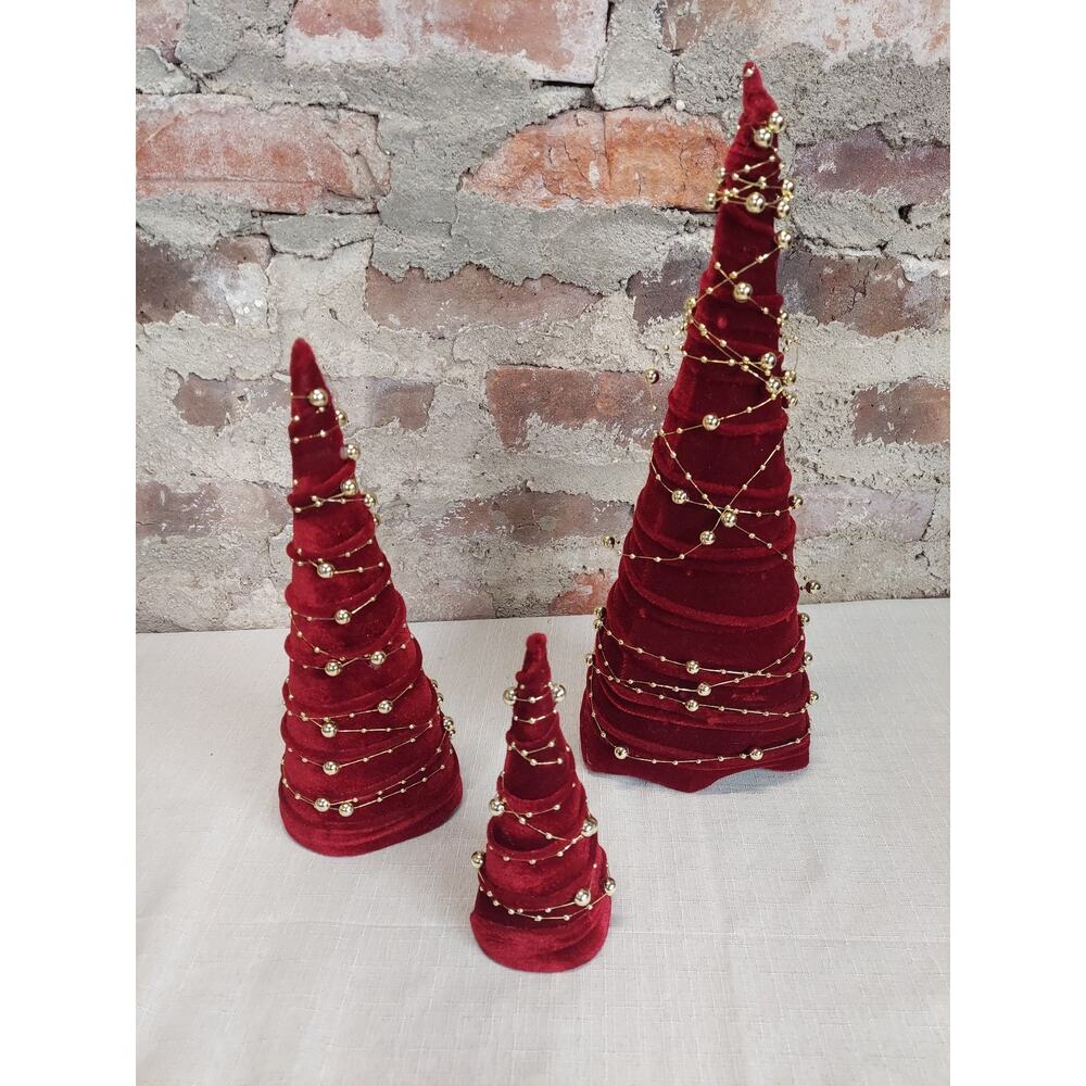 Christmas Trees Red Velvet Gold Beaded Set of 3 Tabletop Holiday Decor